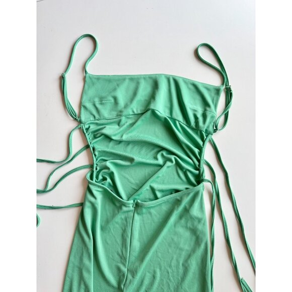 ZARA Green Jersey Ruched Square Neck Open Back Tie Maxi Dress, Size S - Picture 7 of 15